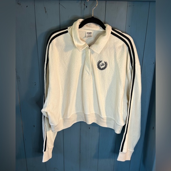 Victoria's Secret Cream White Fleece Sweatshirt with Black Stripes | Sz XL - Picture 1 of 11